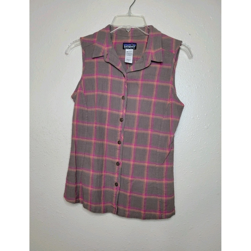 Patagoniaβ Organic Cotton Textured Womens Sleeveless Plaid Button Front Shirt 6